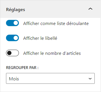 Réglages du bloc Archives