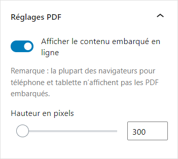 Réglages PDF dans le bloc Fichier