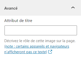 Capture d’écran du réglage avancé de bloc Attribut de titre