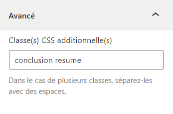 Capture d’écran du réglage avancé de bloc Classes CSS additionnelles