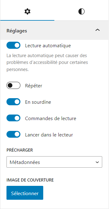 Section Réglages du bloc Vidéo