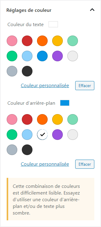 Réglages de couleur du bloc Paragraphe